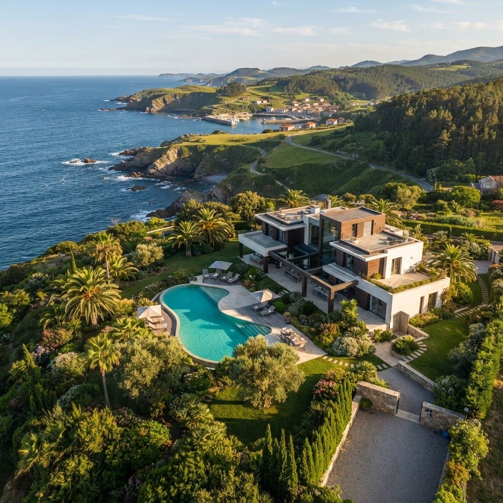 Villa con piscina vista desde el aire