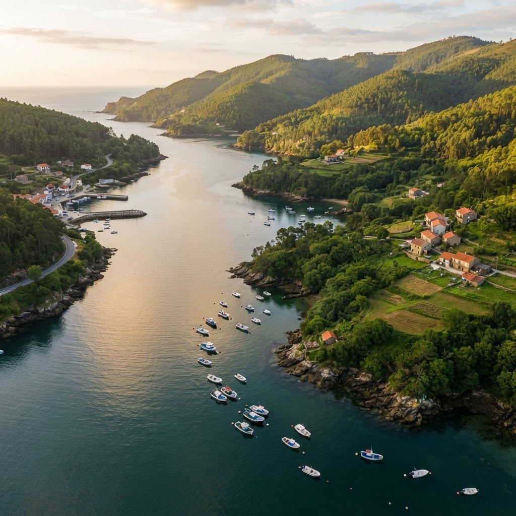 Ría gallega con barcas y colinas verdes