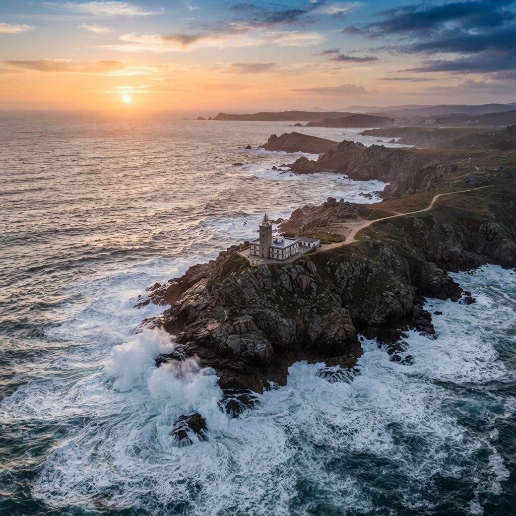 Faro en cabo rocoso con olas