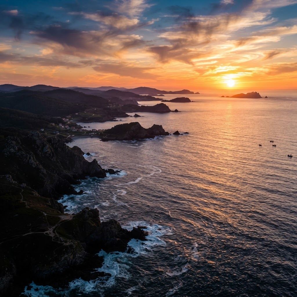 Atardecer sobre el Atlántico visto desde un dron